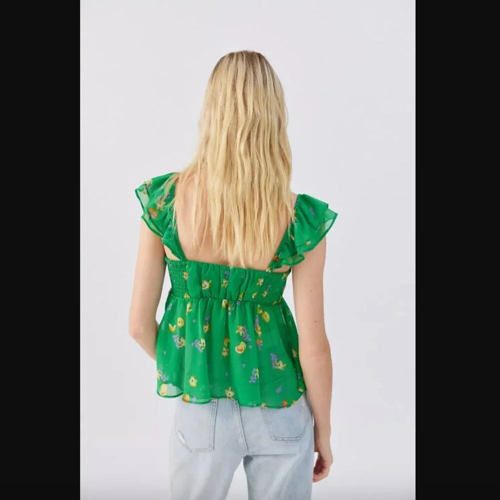 Urban Outfitters Deandra Babydoll Green Floral Blouse S